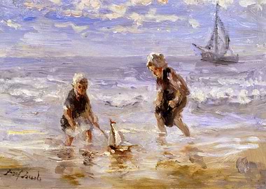 Children Playing with Toy Boat on Beach