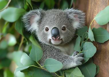 Cute Koala in Eucalyptus Tree