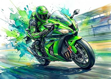 Green Kawasaki Motorcycle Watercolor Painting