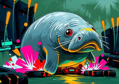 Cyberpunk Manatee in Futuristic Cityscape