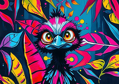Colorful Emu Portrait with Tropical Leaves