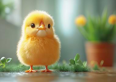 Cute Yellow Chick with Potted Plant
