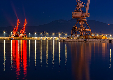 Night Harbor Cranes Reflection