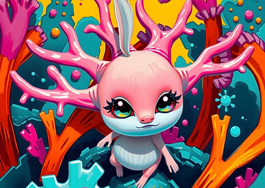 Cartoon Pink Creature with Antlers