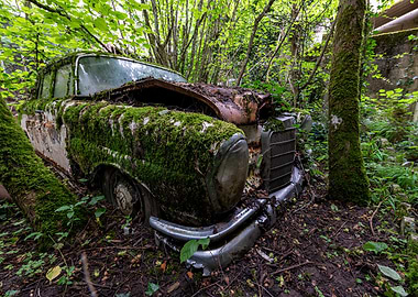 Moss-Covered Abandoned Car in Forest