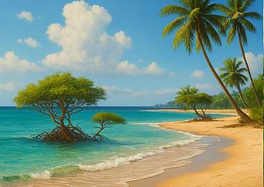 Tropical Beach with Trees and Ocean