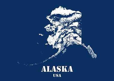 Alaska USA State Minimalist White Topographic Contour Relief Map featuring terrain on navy blue background