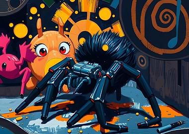 Mechanical Spider with Cartoon Creatures