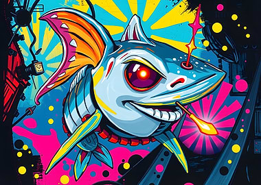 Cartoon Shark with Spear and Tech