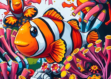 Cartoon Clownfish with Coral Reef