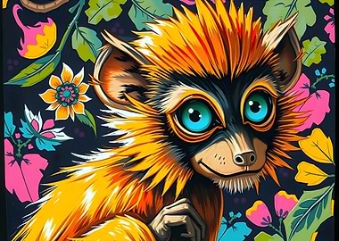 Cartoon Lemur with Floral Background