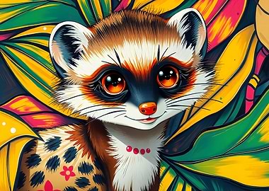 Cute Ferret with Colorful Floral Background