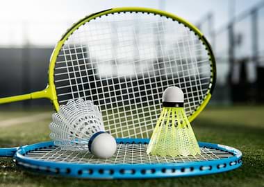Badminton rackets and shuttlecocks on court