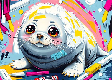 Cute Seal with Markers and Pens