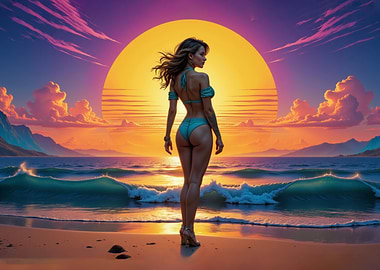 Woman in bikini on beach sunset