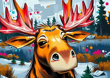 Cartoon Moose Portrait in Winter Landscape