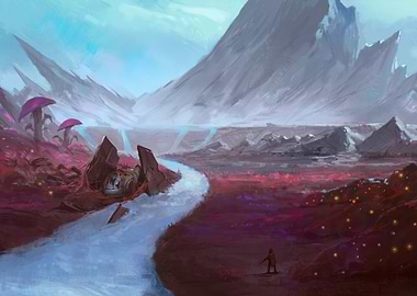 Alien Landscape with River and Mountains