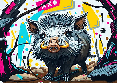 Stylized Boar Illustration with Abstract Elements