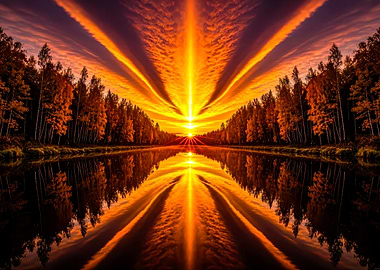 Symmetrical Sunset Reflection Over Water