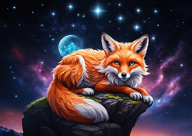 Fox on a Cliff Under Moonlight