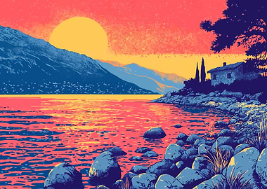 Stone House Lake Sunset Minimalist Abstract Art Illustration