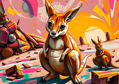 Kangaroos and Abstract Landscape