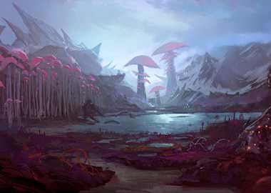 Fantasy Mushroom Landscape Painting