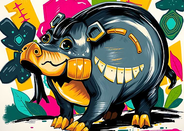 Stylized Hippo Illustration with Abstract Background