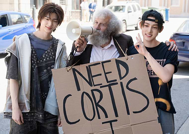 Man with sign and two youths Cortis