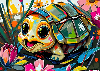 Colorful Cartoon Turtle with Flowers