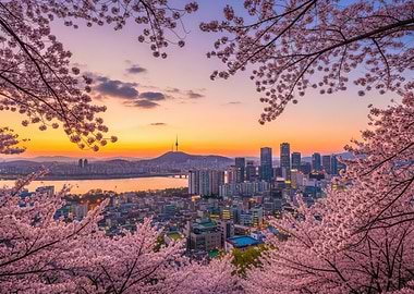 Seoul cityscape with cherry blossoms