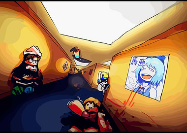 Cartoon characters in a hallway scene roblox game