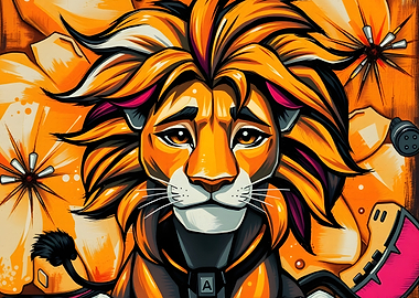 Cyberpunk Lion Portrait with Floral Background