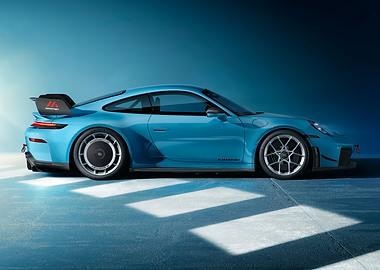 Light Blue Porsche on Striped Surface