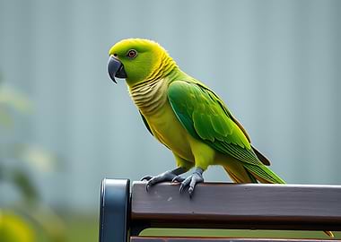 Green Parrot Perched on Bench