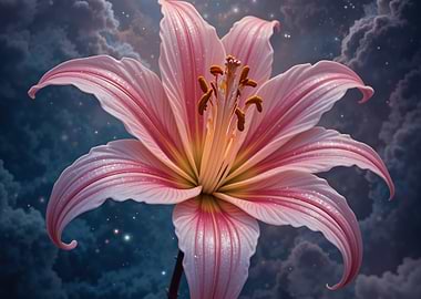 Pink Lily Flower Against Starry Sky