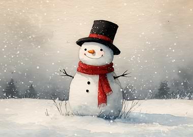 Watercolor Snowman with Top Hat
