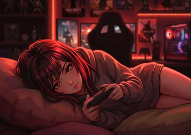 Anime Girl Gaming in Red Room