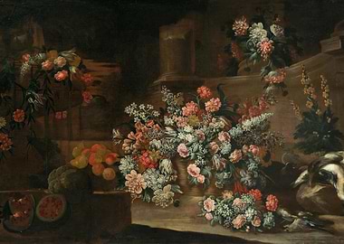 Floral Still Life with Fruit and Game