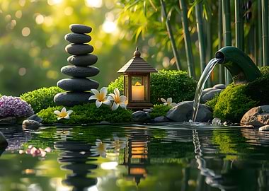 Zen Garden with Stone Cairn and Lantern
