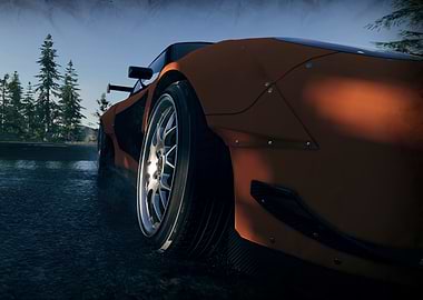 Orange Sports Car on Wet Road
