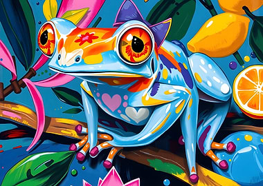 Colorful Frog on Branch with Fruit