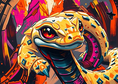 Stylized Yellow Snake with Geometric Patterns