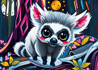 Cute Cartoon Lemur with Big Eyes