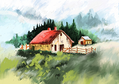 Rural Farmhouse Landscape Painting