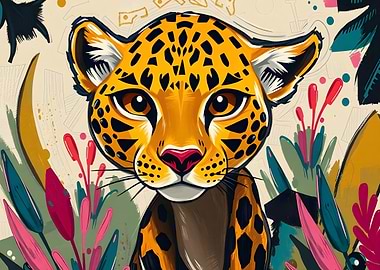 Stylized Jaguar Portrait with Floral Accents