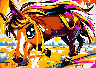 Colorful Horse with Cityscape Background