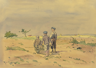 Children with wheelbarrows on a country lane