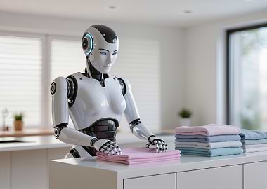 Robot folding laundry in modern kitchen