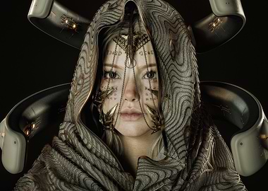 Futuristic Woman with Hood and Ornamentation